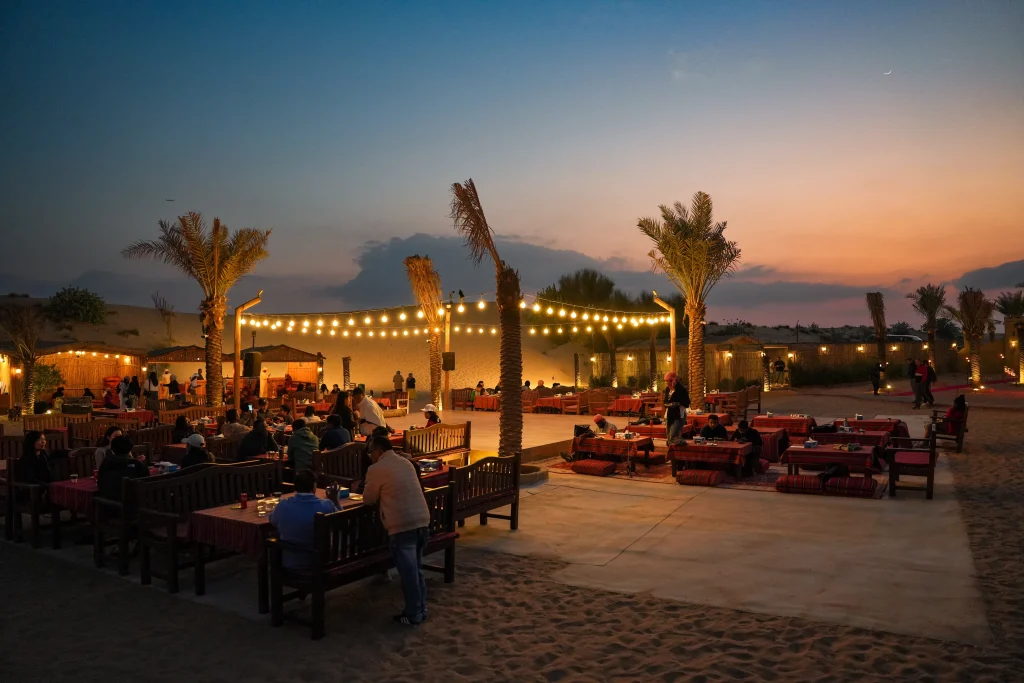A well-organized premium desert camp with ample seating, avoiding the overcrowding of cheap tours.