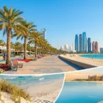 A professional collage of Abu Dhabi beaches featuring the vibrant Corniche promenade with palm trees and city skyline, the natural white sand dunes of Saadiyat Public Beach, and a luxury infinity pool at a private beach resort.