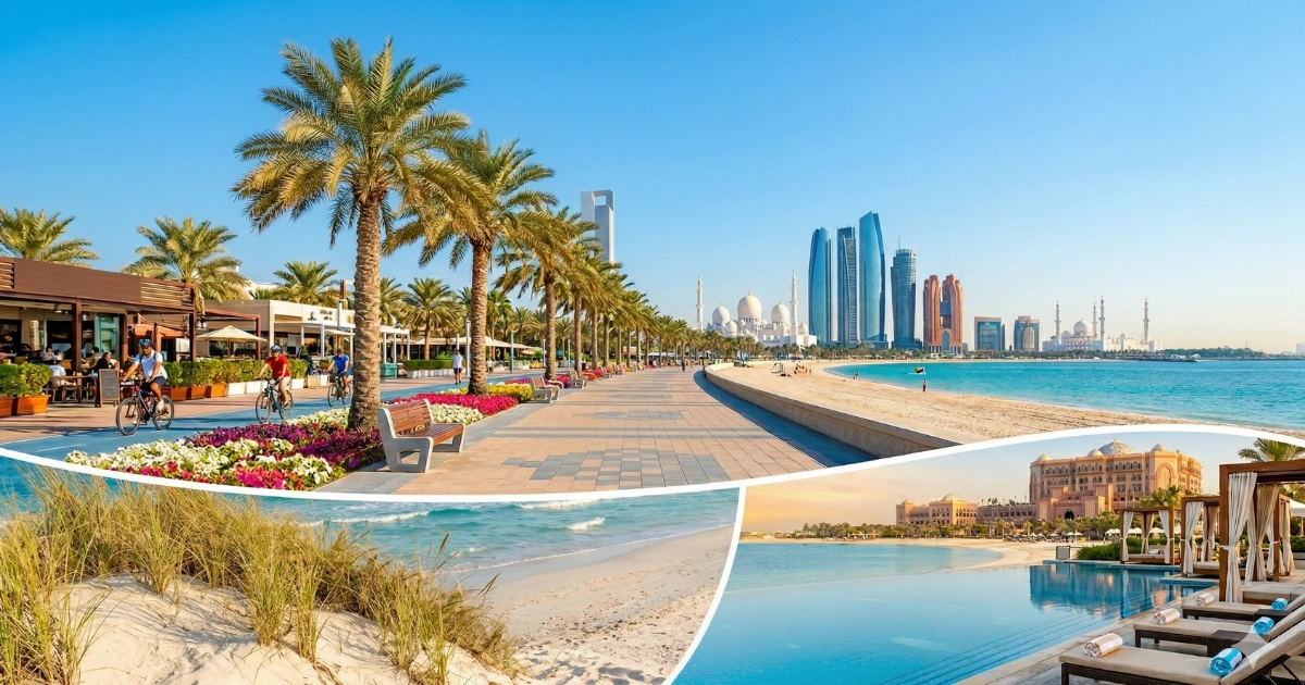 A professional collage of Abu Dhabi beaches featuring the vibrant Corniche promenade with palm trees and city skyline, the natural white sand dunes of Saadiyat Public Beach, and a luxury infinity pool at a private beach resort.