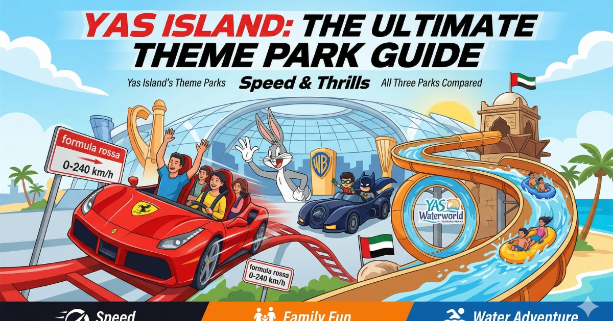 This vibrant illustration serves as the perfect featured image for your Yas Island blog post. It brings together all three key attractions mentioned in your text: the high-speed thrills of Formula Rossa from Ferrari World, the iconic characters of Warner Bros.