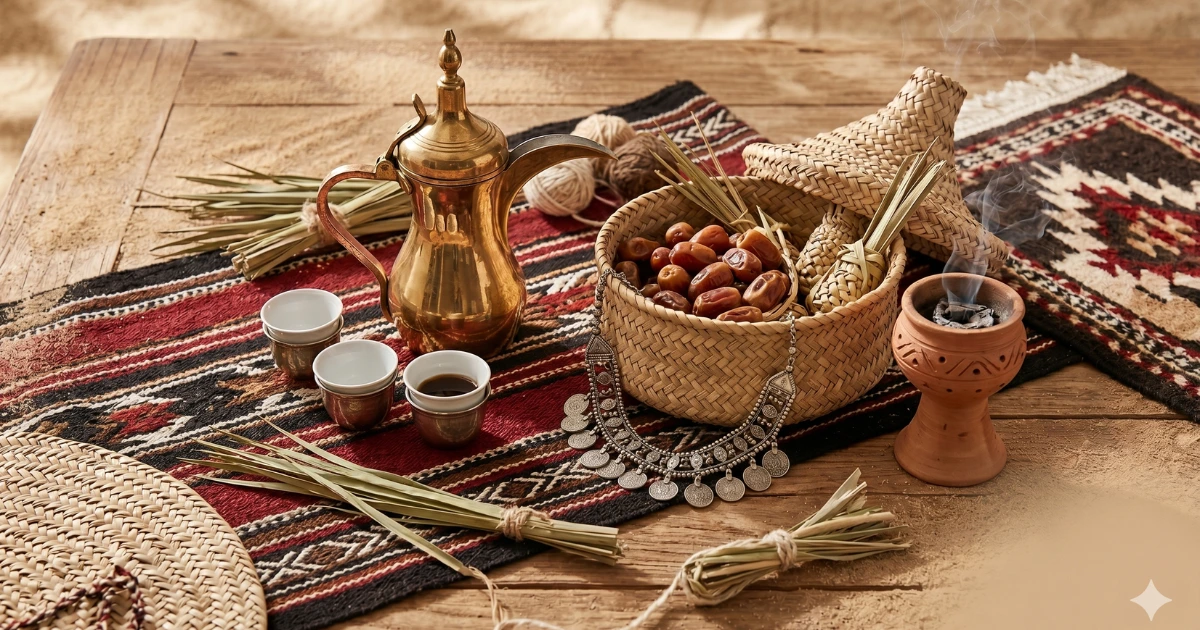 Traditional Emirati handicrafts including a brass dallah coffee pot, woven palm-leaf bowl with dates, and an authentic Al-Sadu woven mat.
