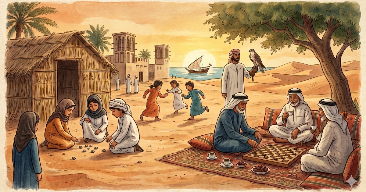 Illustration of traditional Emirati games, Majlis gatherings, and cultural heritage activities before modern entertainment in the UAE.